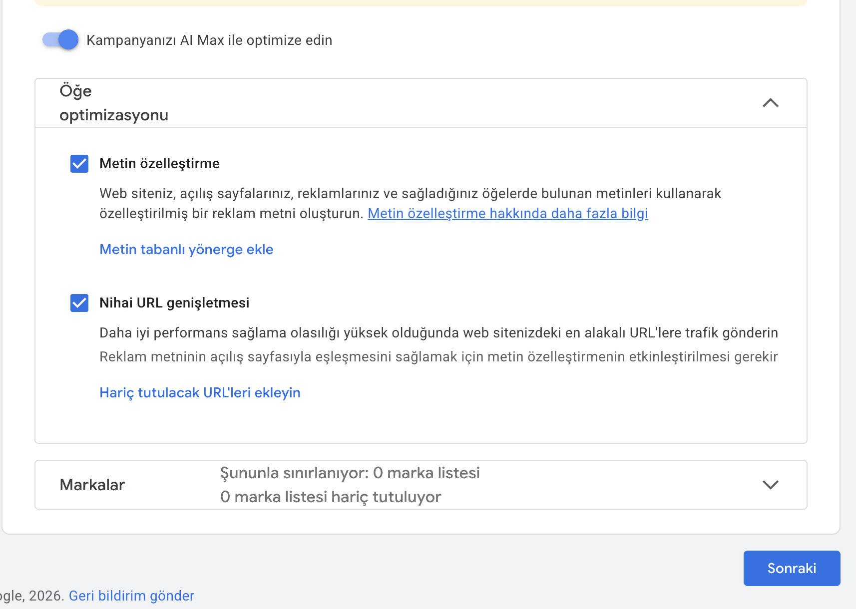 Google Ads yapay zeka AI optimizasyon ayarları - arama ağı AI seçenekleri