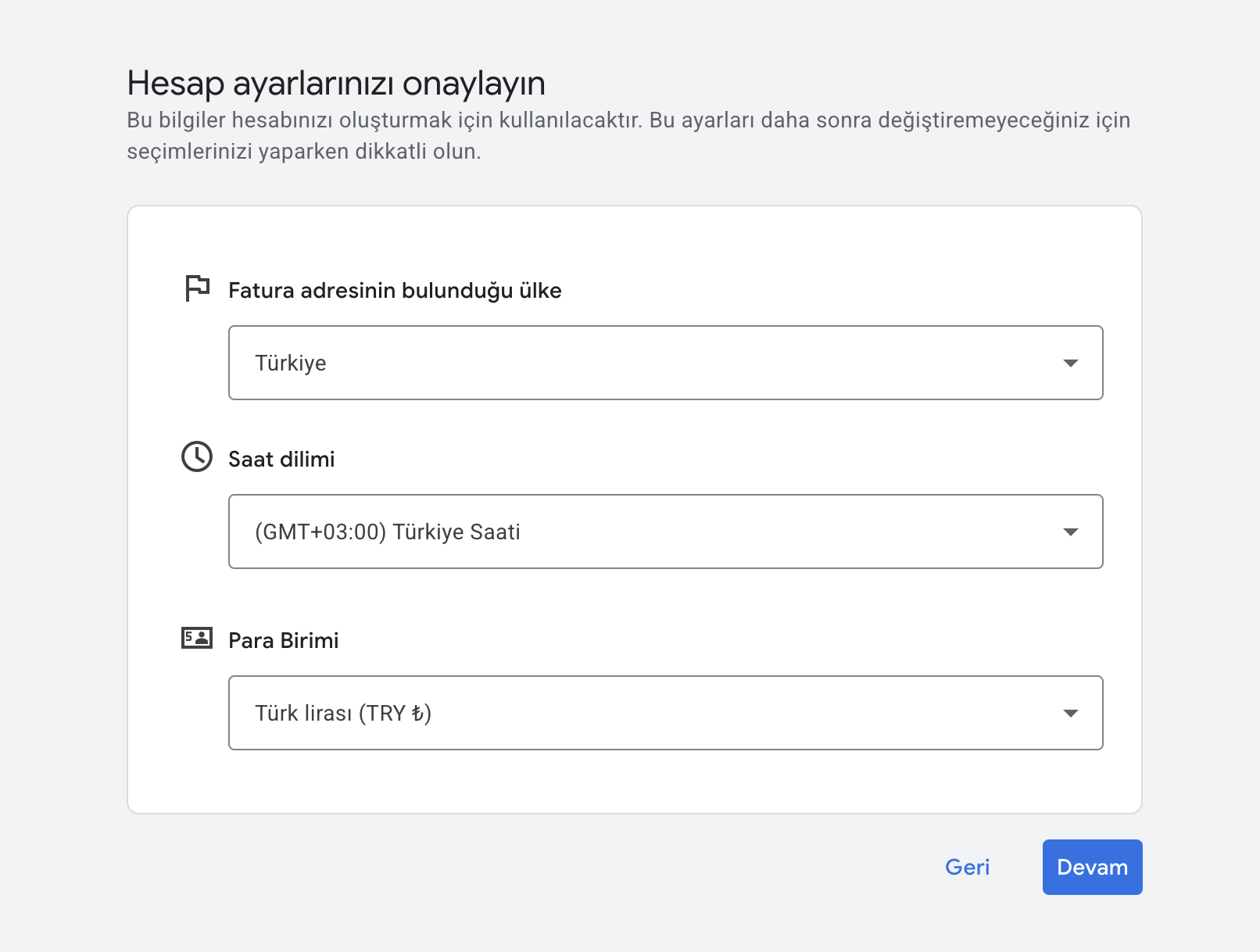 Google Ads hesap ayarları - faturalandırma ülkesi saat dilimi para birimi