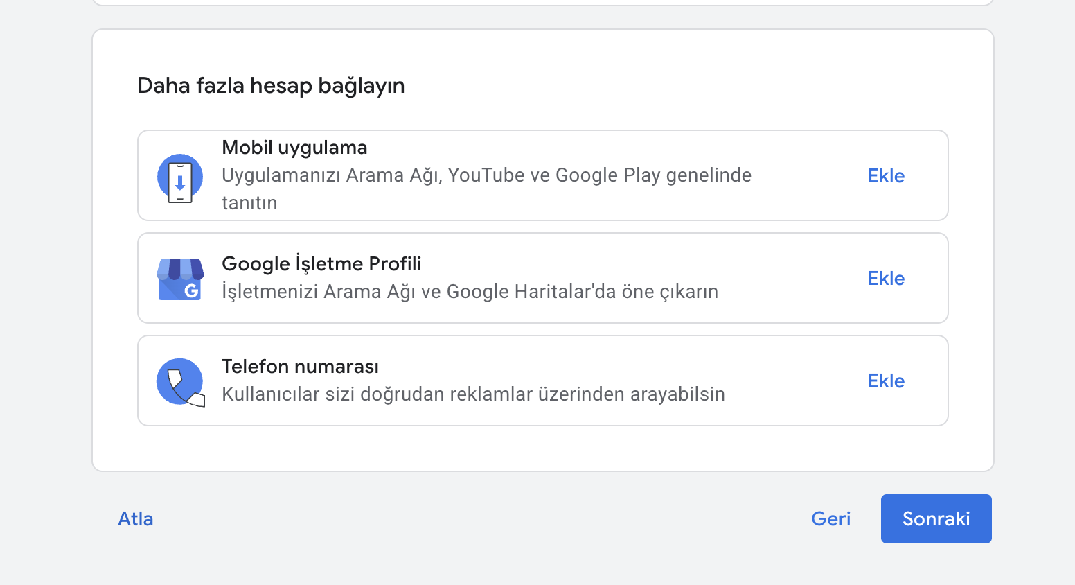 Google Ads hesap bağlama seçenekleri - mobil uygulama Google İşletme Profili telefon