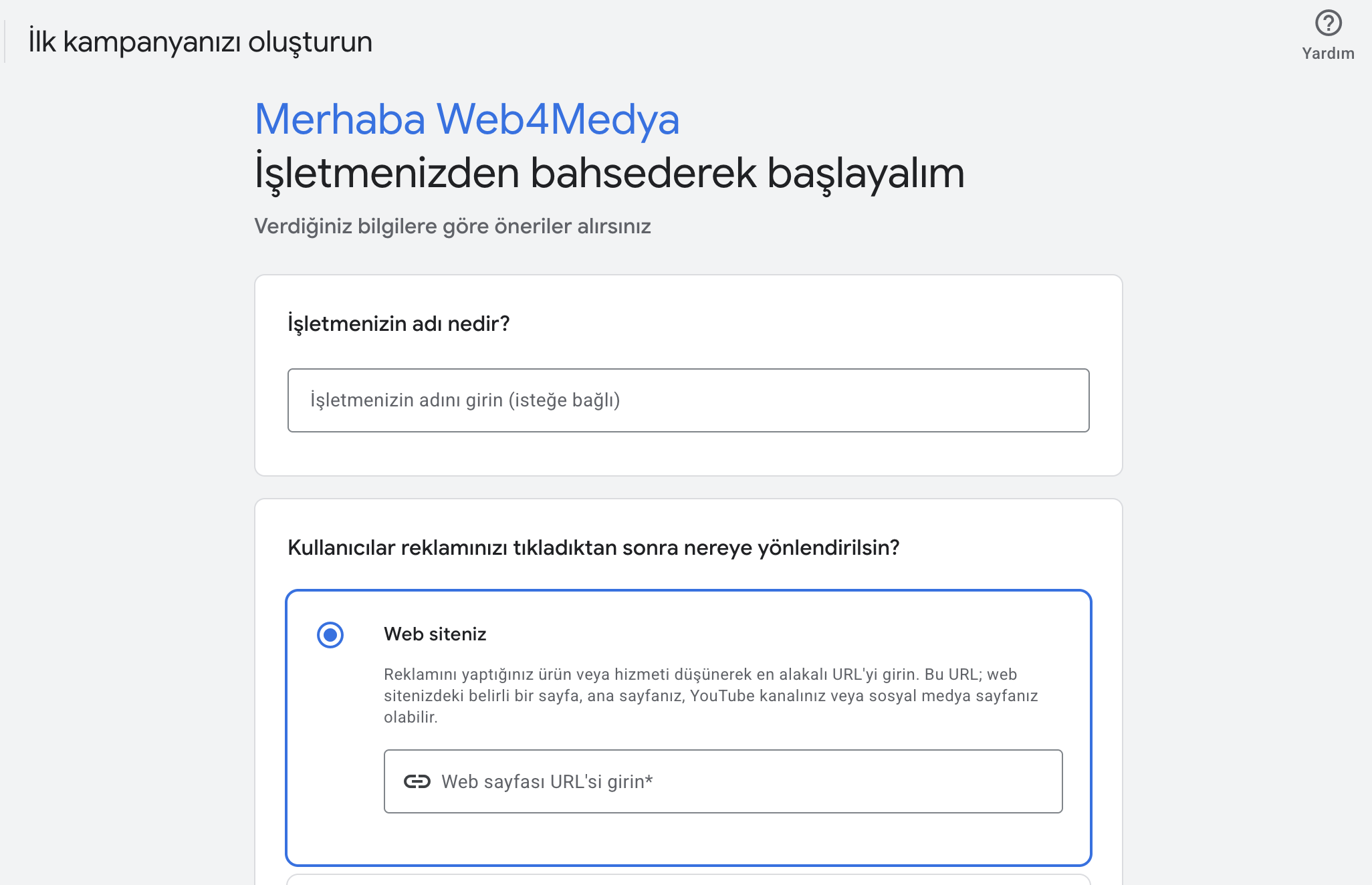 Google Ads işletme tanıtım ekranı - işletme adı ve web sitesi girme