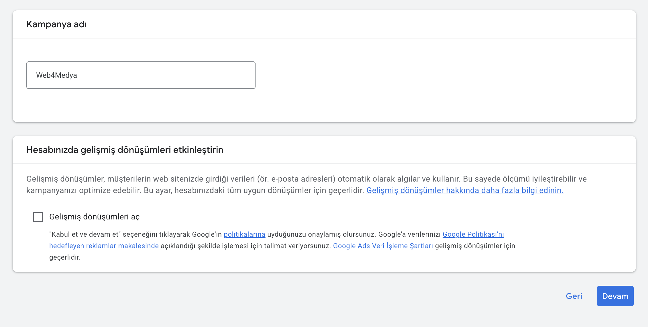 Google Ads kampanya adı yazma ve dönüşüm kutucuğunu kapatma