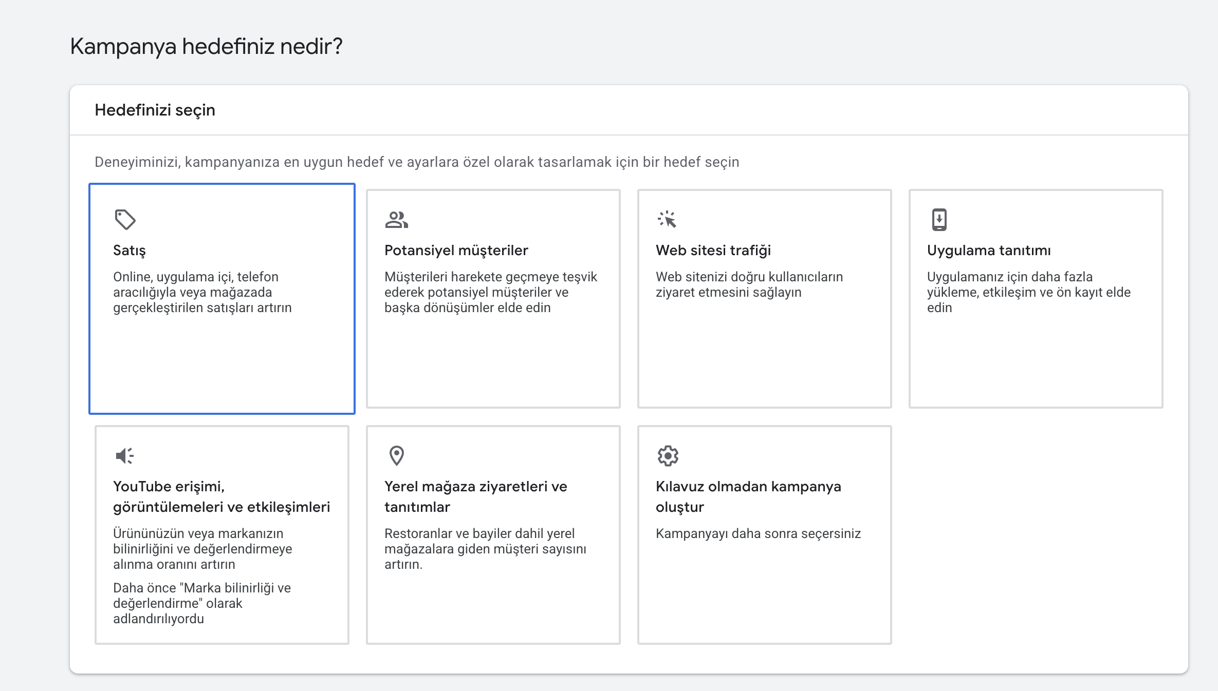 Google Ads kampanya hedefi seçimi - Satış kampanya hedefi