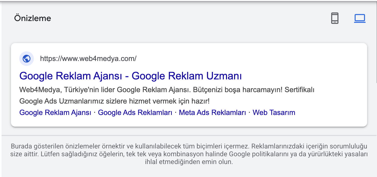 Google Ads reklam masaüstü önizleme - bilgisayarda nasıl göründüğü