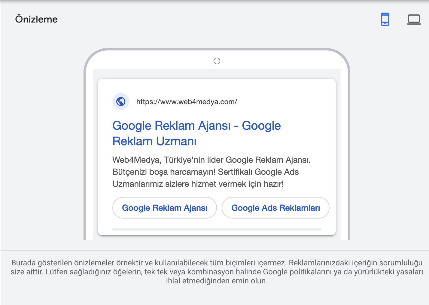 Google Ads reklam mobil önizleme - telefonda nasıl göründüğü