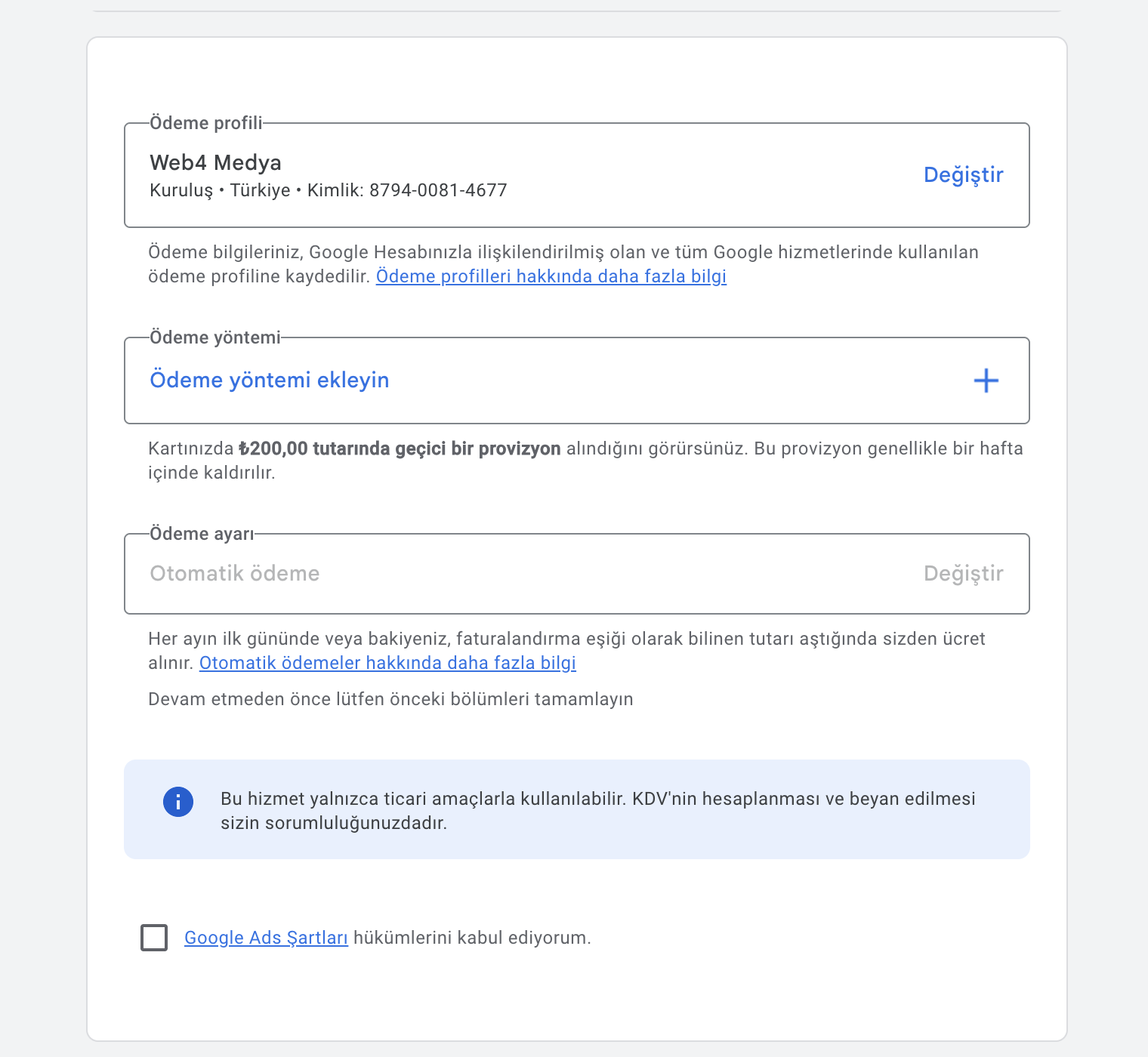 Google Ads ödeme profili oluşturma - kart bilgisi ve ödeme yöntemi seçimi