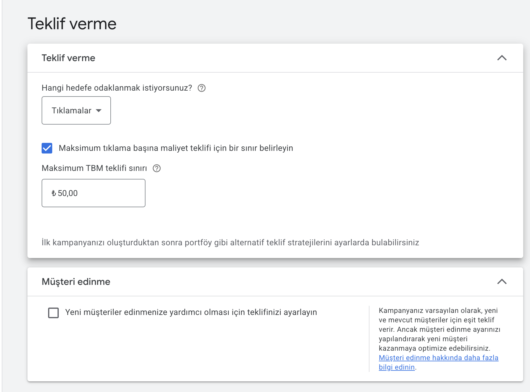 Google Ads teklif verme stratejisi - maksimum TBM ve tıklamalara odaklan