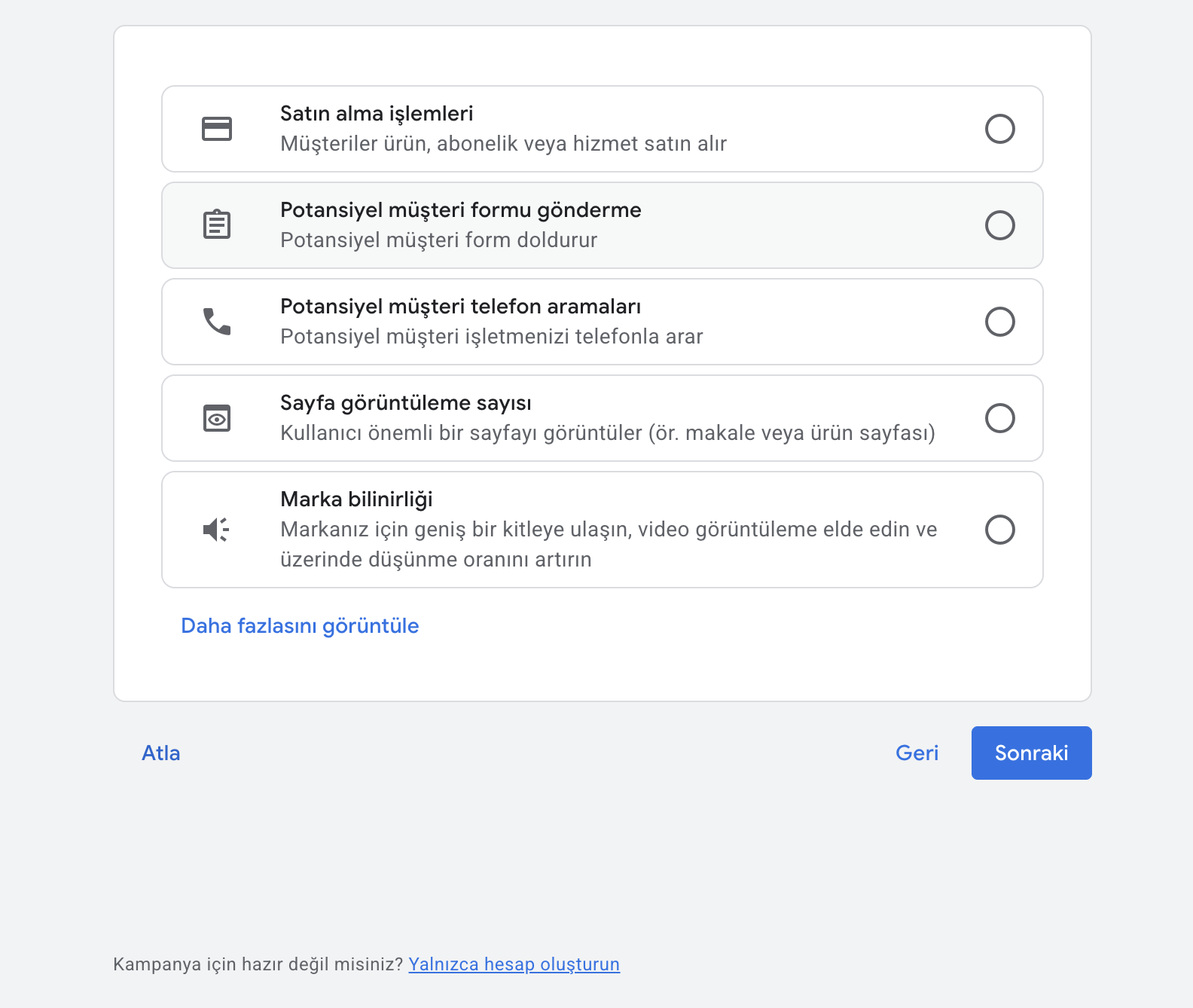 Google Ads Yalnızca Hesap Oluştur seçeneği - en alttaki buton