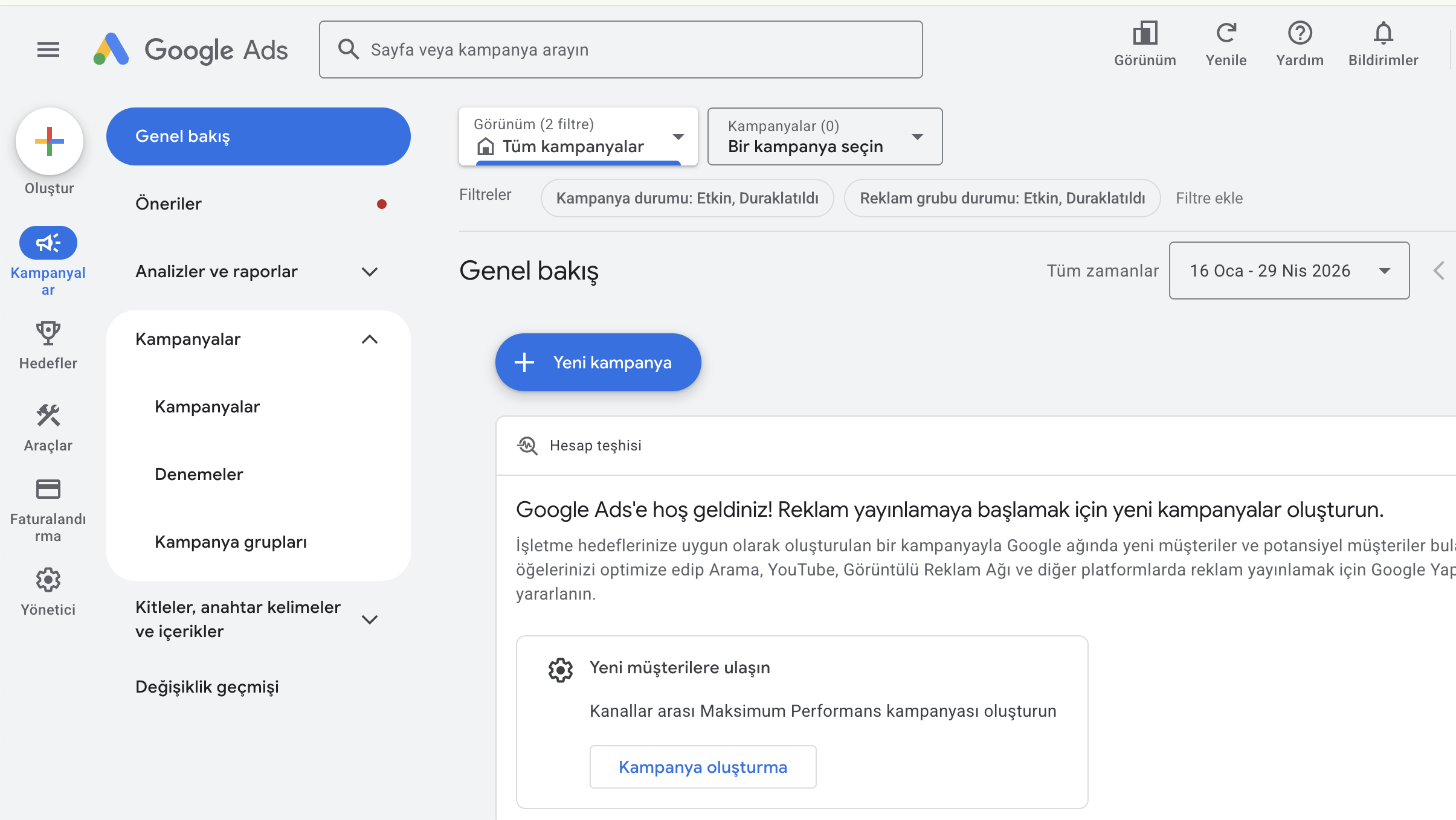 Google Ads yeni kampanya oluşturma butonu - mavi Yeni Kampanya yazısı