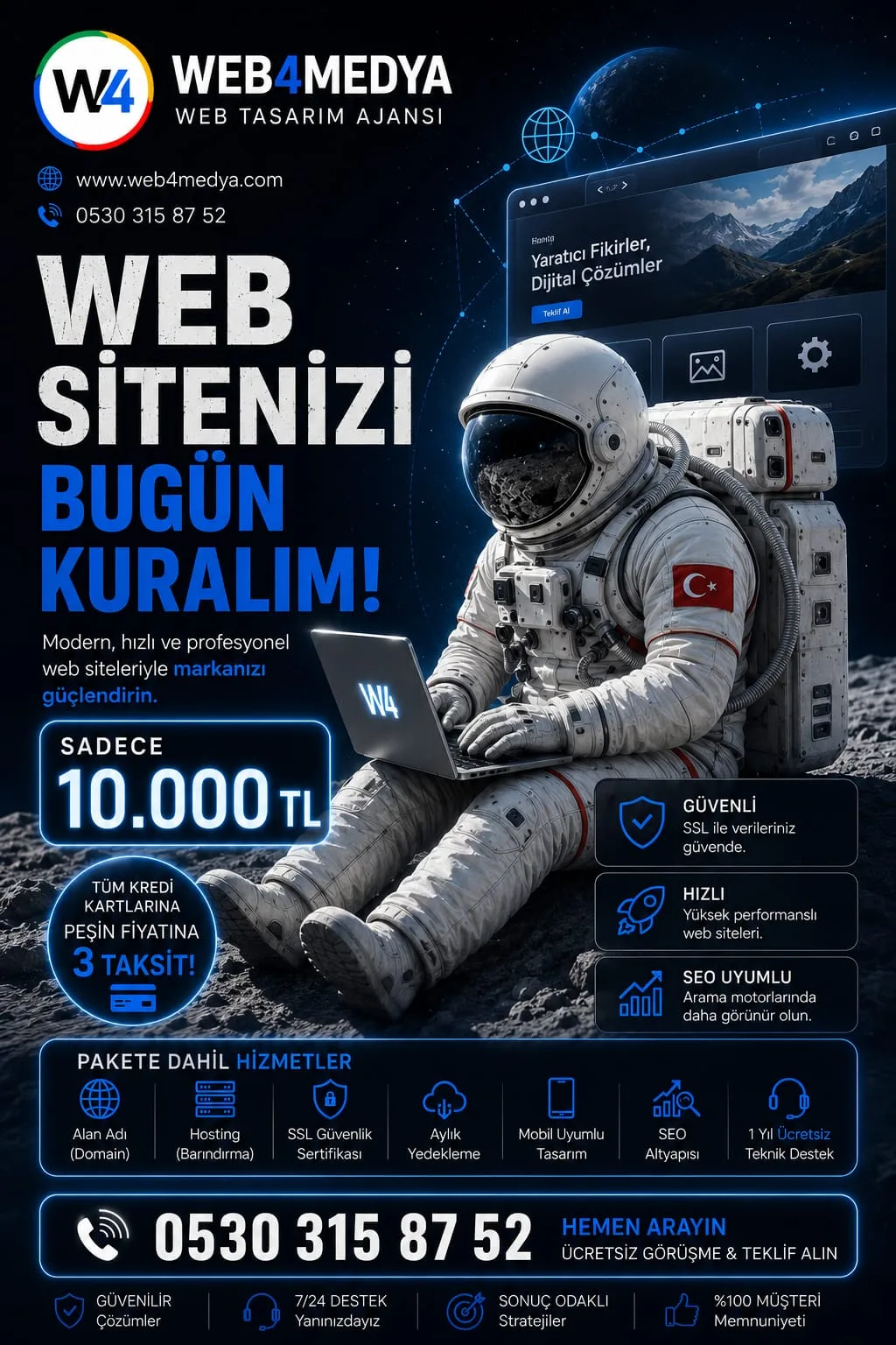 Web4Medya web tasarım paketleri — 10.000 TL başlangıç fiyatı, 1 yıl ücretsiz domain, hosting, SSL ve teknik destek dahil
