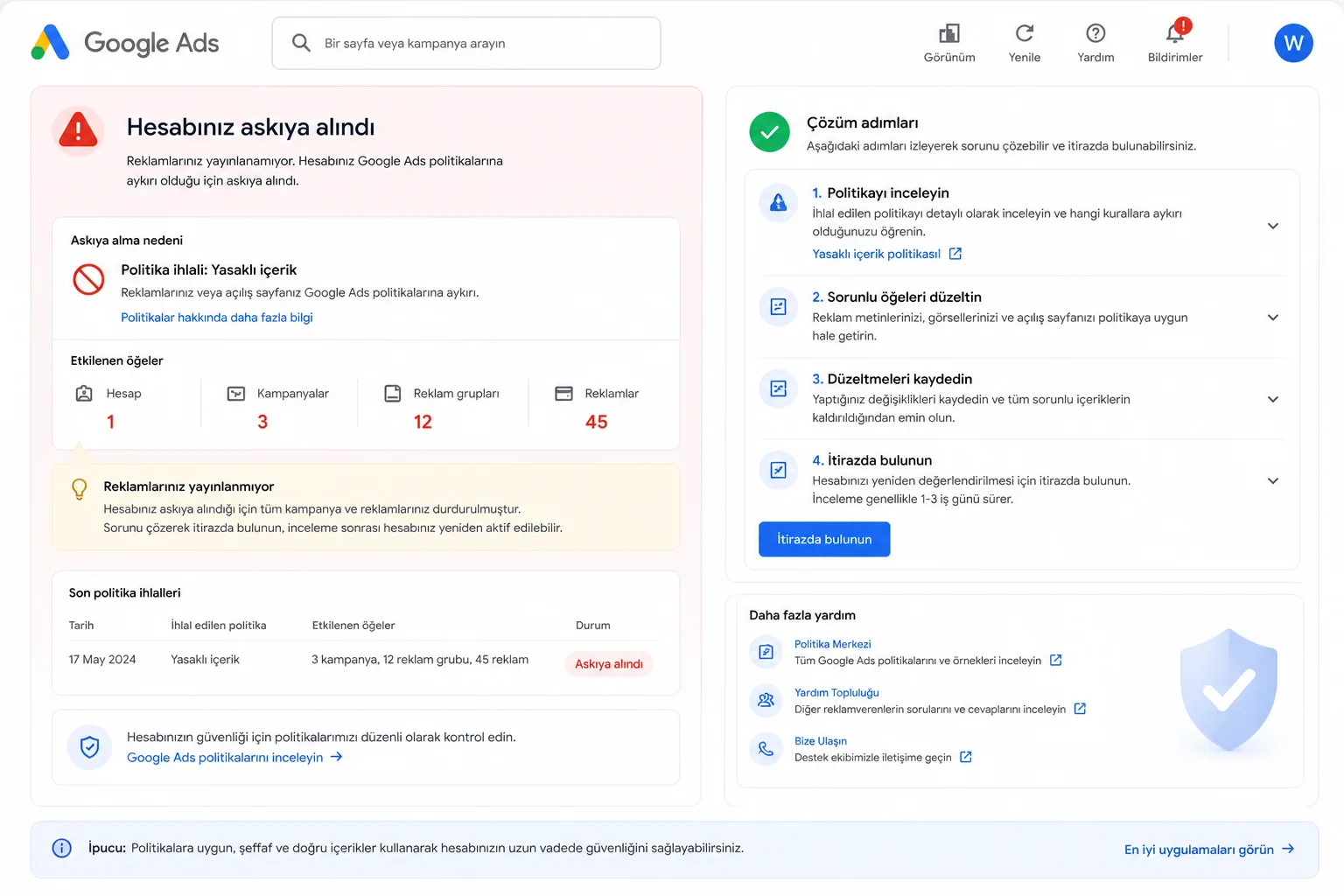 Google Ads hesabı askıya alındı uyarısı ve çözüm adımları