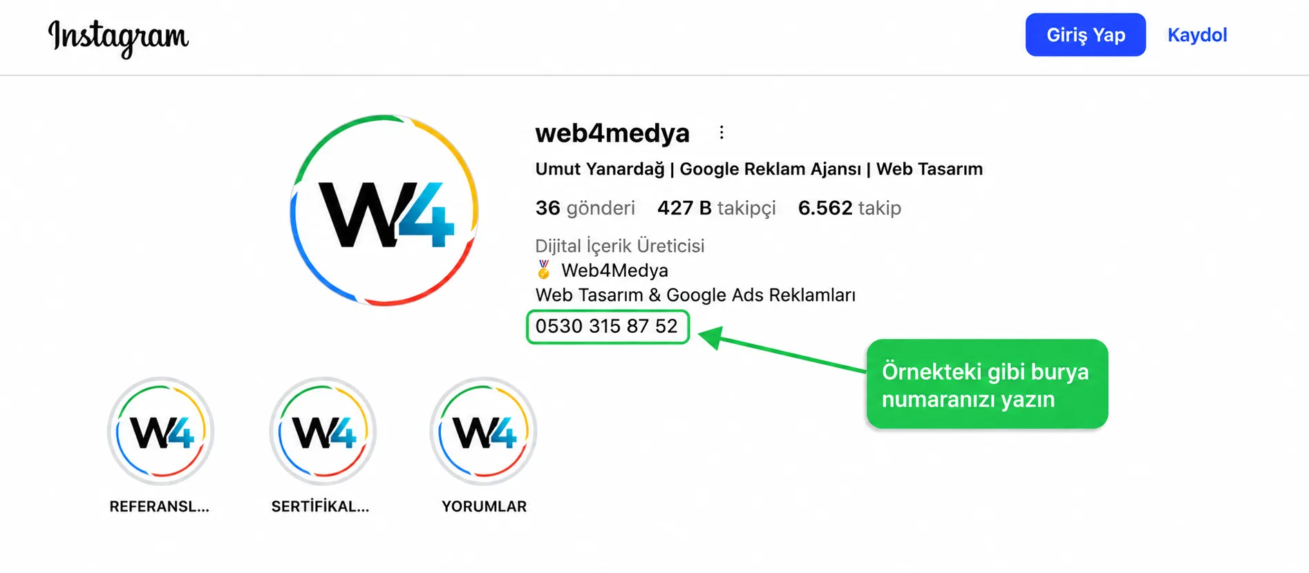 Instagram işletme hesabı açıklama (biyografi) kısmına telefon numarası ekleyerek Google reklam verme örneği