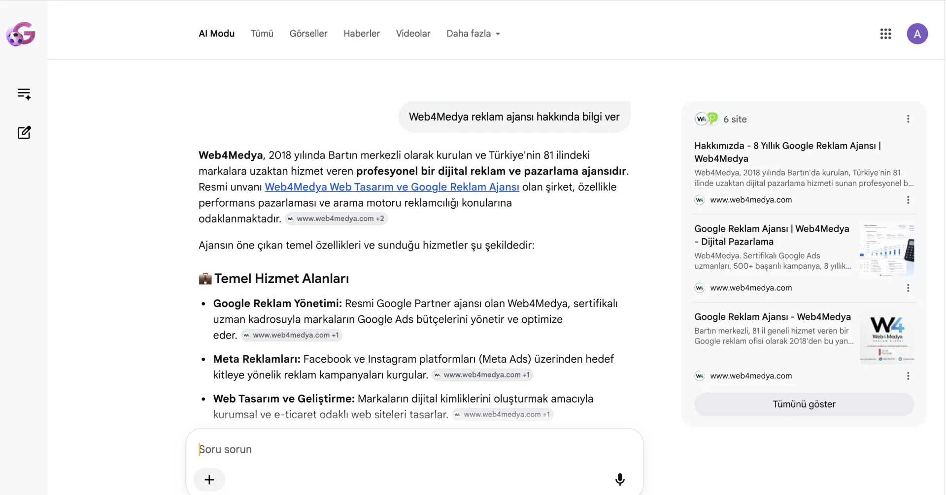 Google AI Modu (Yapay Zekâ Modu) ile yapay zekâ destekli Google arama sonuçları ve reklamlar