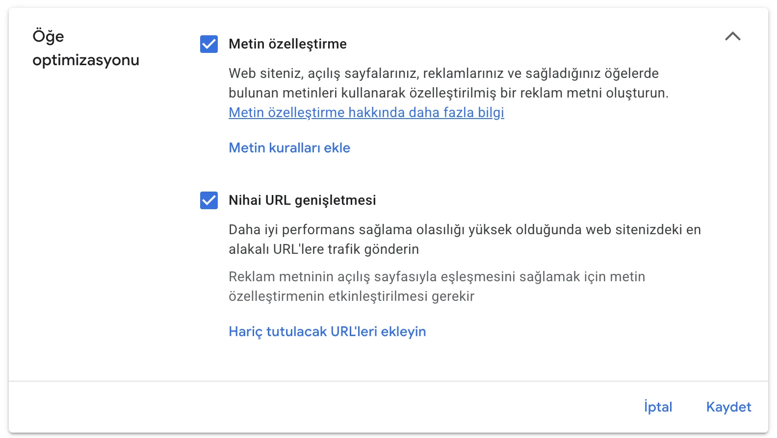 Google Ads öğe optimizasyonu, metin özelleştirme ve nihai URL genişletmesi ayarları