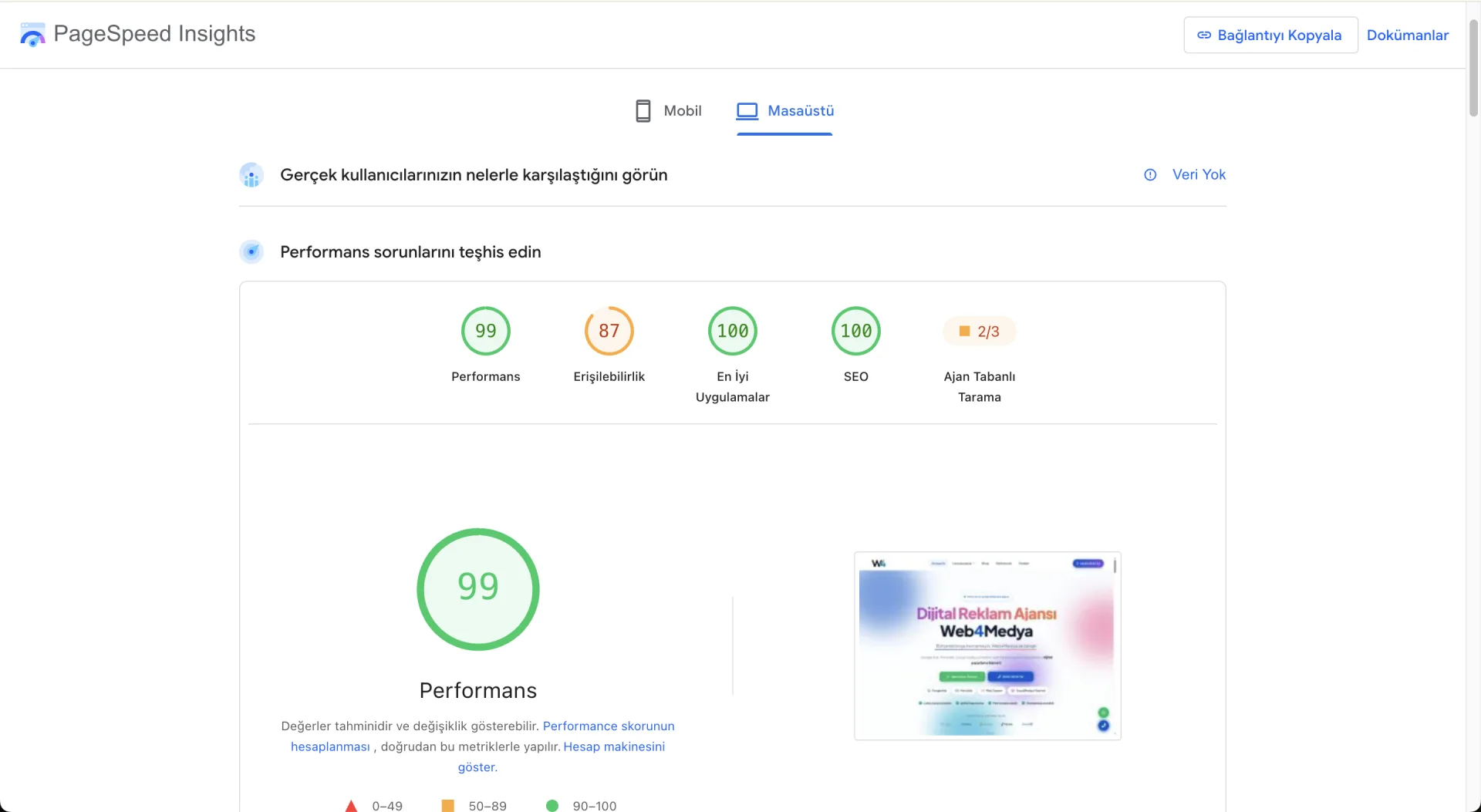 Google PageSpeed Insights hız testi raporu — Core Web Vitals, mobil performans skoru ve iyileştirme önerileri