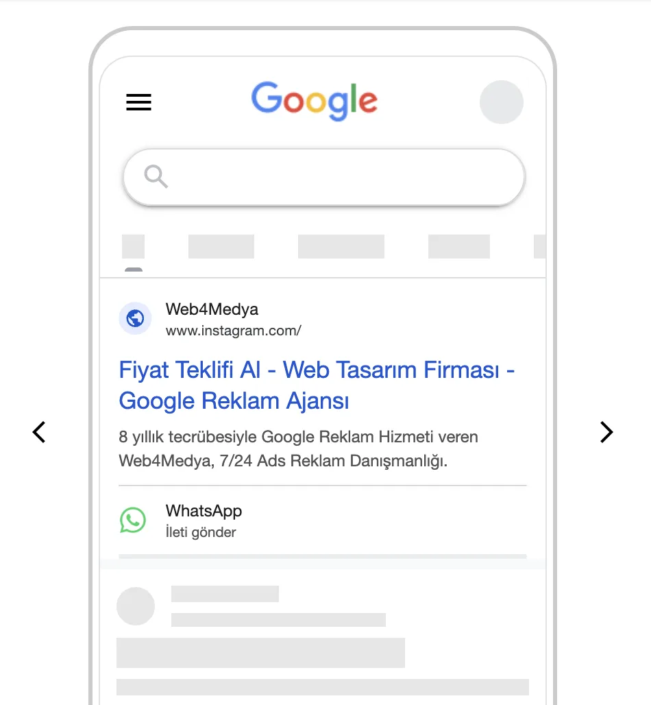 Web sitesi olmadan, Instagram profili ile verilen Google reklamının arama sonuçlarındaki önizleme örneği