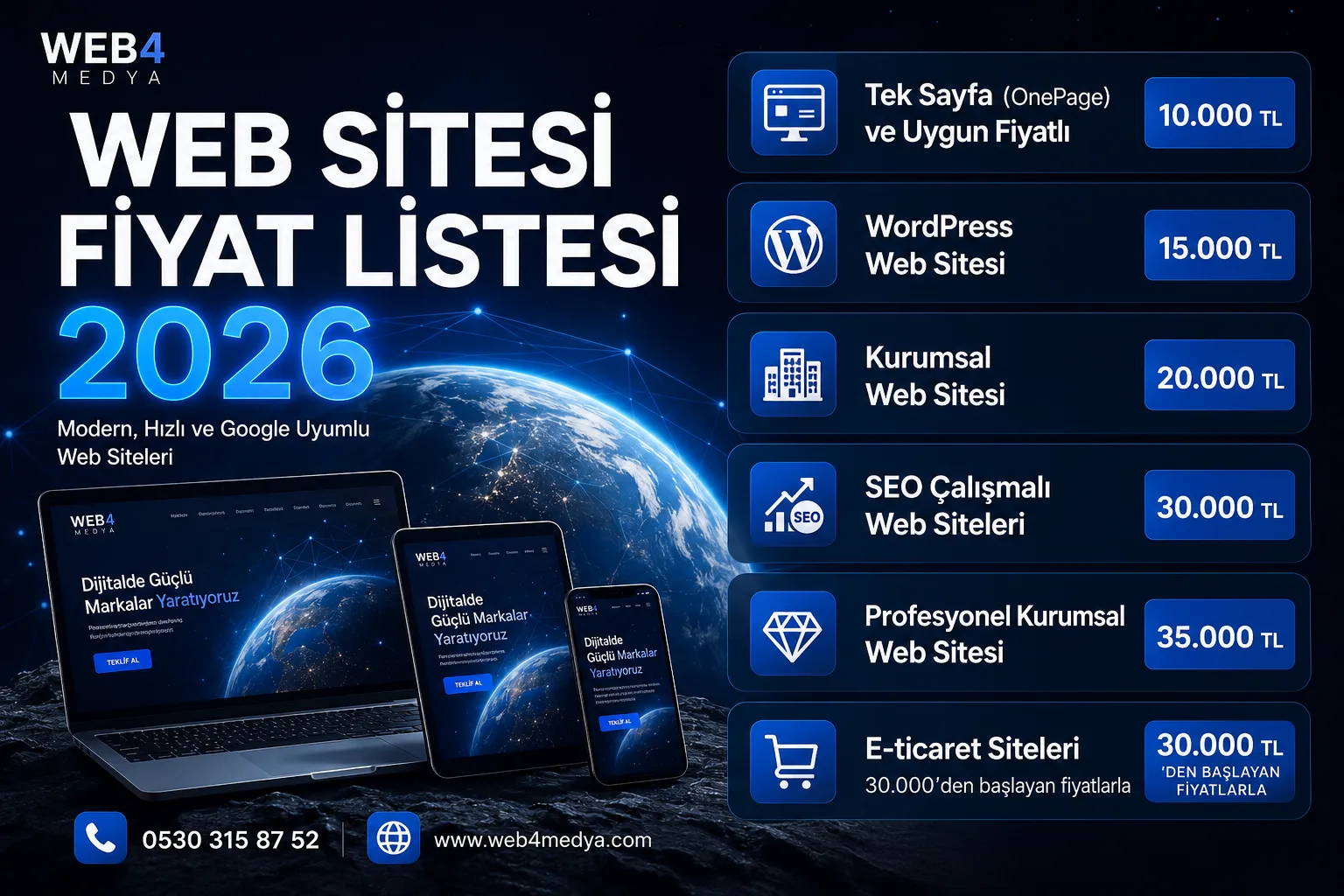 Web sitesi fiyat listesi 2026 - tek sayfa, WordPress, kurumsal, SEO çalışmalı, profesyonel kurumsal ve e-ticaret site fiyatları